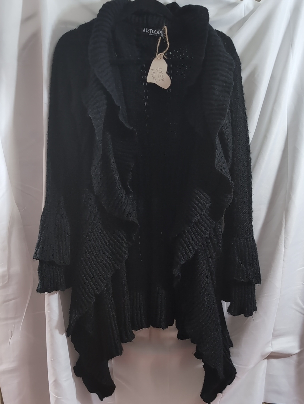 Artizan By Robin Barre Black Ruffled Open-Front Women's Cardigan